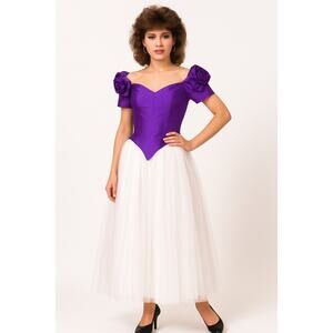 1980s Nation-Wide Purple Satin & White Tulle Gown Rose Appliqué Sleeves USA S